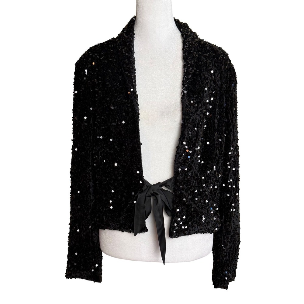 Nanette Lepore Crop Velvet Sequin Blazer Women Tie Front Sparkly Glam Holiday